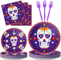 96 Pcs Day of The Dead Tableware Set Colorful Skull Marigold Decors Mexican Fiesta Theme Party Dessert Plates Napkins Forks for Day of The Dead Party 24 Guests