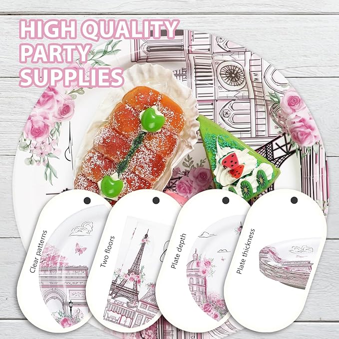 96Pcs Paris Theme Party Decorations Eiffel Tower Plates and Napkins Pink Rose Oh La La Birthday Decorations for Valentine's Day Paris Themed Bridal Shower Weddings Baby Shower Party Supplies Serves 24