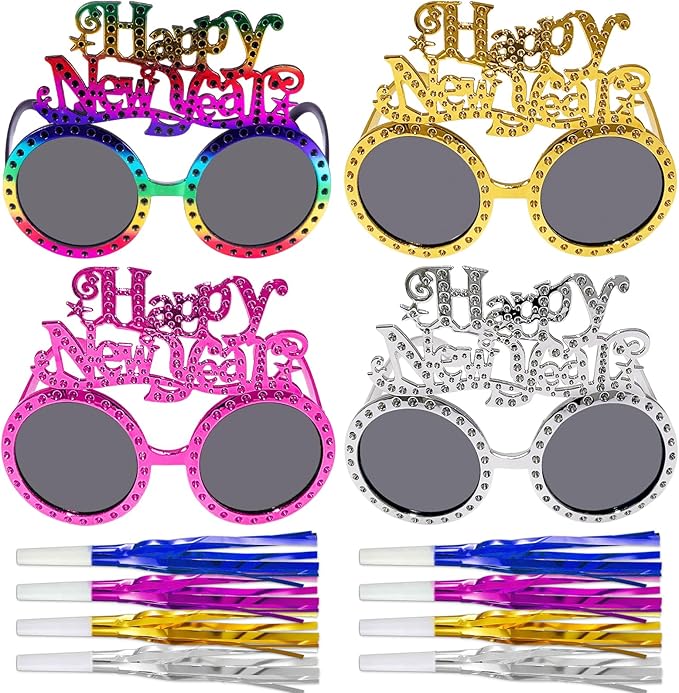 16Pcs New Years Eve Party Supplies 2026 Including Happy New Year Eyeglasses and Metallic Fringed Noise Makers 2026 Glasses New Years Plastic Funny Sunglasses Eyewear