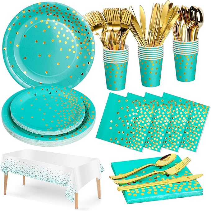 141 Pieces Blue Green and gold Party Supplies, Disposable Party Decorations Sets Include Paper Plates Napkins Cups, Plastic Forks Knives Spoons, for Baby Shower Birthday Wedding -20 Guests