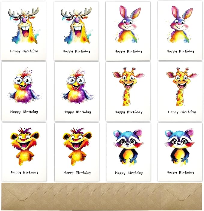 Birthday Cards Pack of 12,Birthday Cards Bulk for Women Men Kids Assorted Birthday Greeting Cards for Kids Assortment, 12 Card with Envelopes (Cartoon animals)