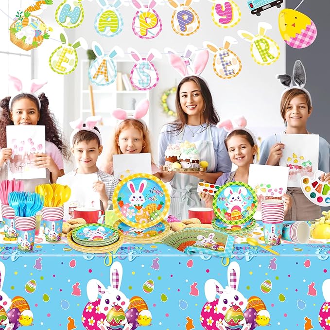 171 Pcs Happy Easter Party Supplies Disposable Easter Tableware Set with Bunny Colorful Eggs Plates Napkins Cups Banner Plastic Tablecloths for Easter Spring Holiday Party Decoration Serve 24