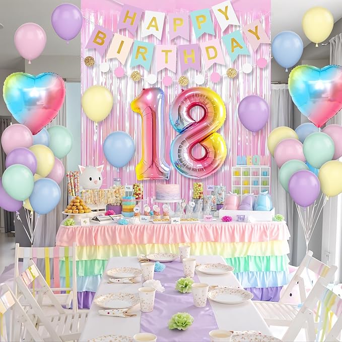 18th Birthday Decorations Rainbow,Gradient Number 18 Balloon,Pastel Happy Birthday Banner Fringe Curtain Heart Foil Balloons Boys Girls 18 Year Old Decor