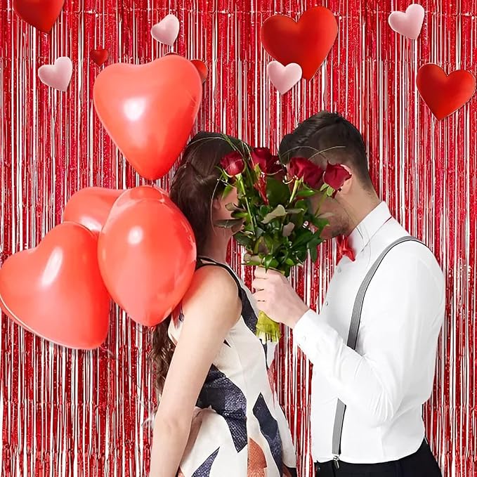 BRAVESHINE Red Tinsel Foil Fringe Curtains - 2Pcs 3.2x8.2ft Holidays Photo Booth Party Backdrop for Valentines/Bachelorette/Anniversary/Engagement/Christmas/Girl/Birthday/Bridal/New Years Decorations