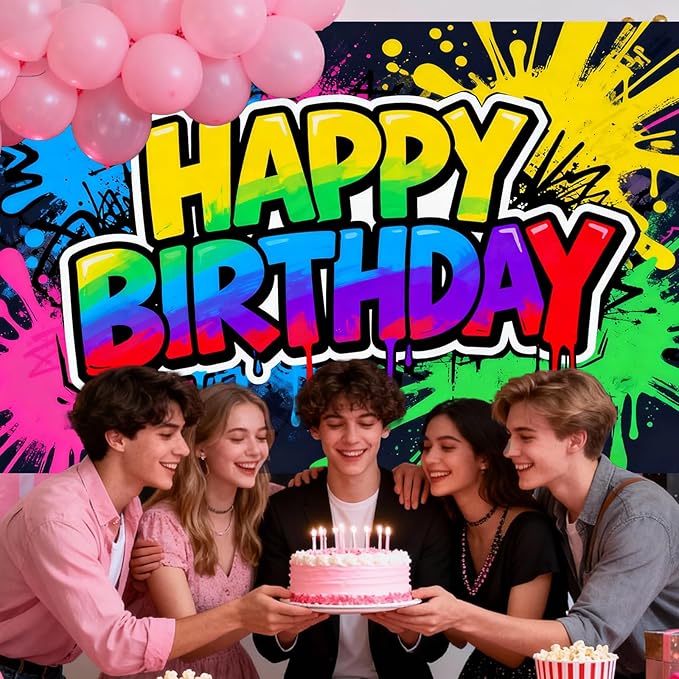 Rainbow Graffiti Splatter Happy Birthday Banner, Large Art Backdrop for Teen Party Indoor Outdoor Decor