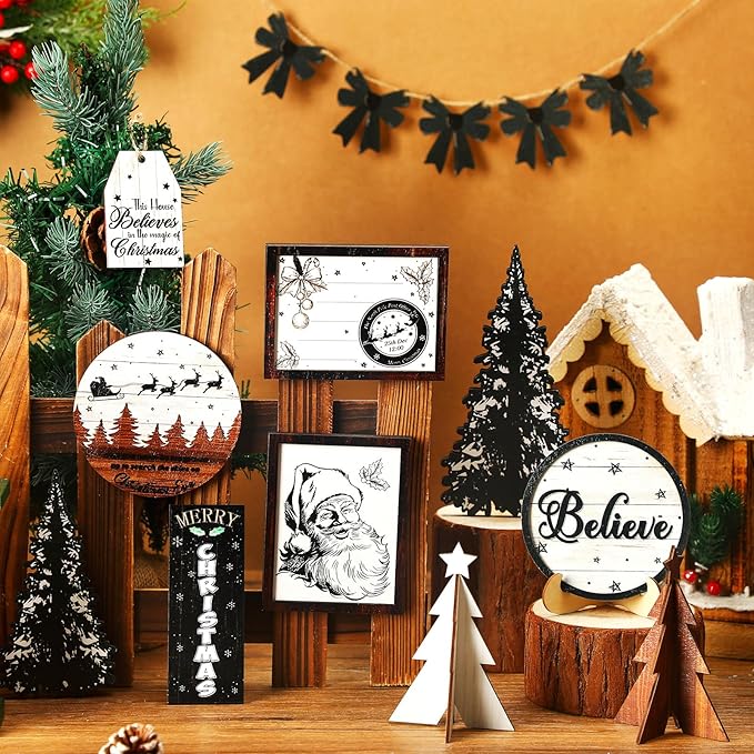 Christmas Tiered Tray Decor Wooden Sign Farmhouse Tier Tray Decorations for Home Xmas Winter Party Bathroom Kitchen Bedroom (Stylish Style, 15 Pcs)
