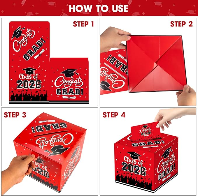 Graduation Card Box 2026 - Congrats Grad Card Boxes Holder, Red Class of 2026 Graduation Gift Cards Box for Graduation Party Decorations 2026 Favors Decor Supplies Props,9x 9 x 9 inches