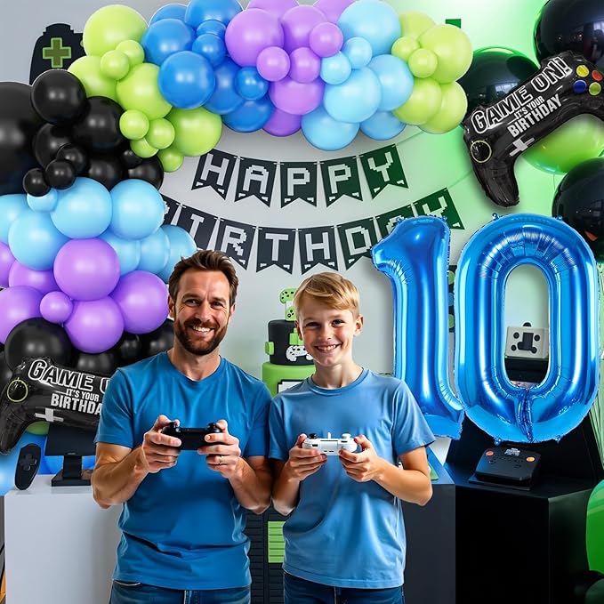 10th Birthday Video Game Balloons Arch, 10th Party Balloons Garland Kit 10th Birthday Supplies with Blue Number 10 Balloon Game Foil Balloons for 10 Year Old Teens Boys Decor