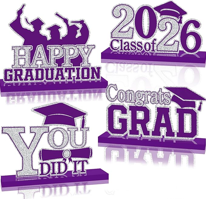 4Pcs Graduation Decorations Class of 2026 Wood Table Centerpieces Congrats Grad Wooden Sign Graduation Table Toppers Congratulate Tiered Tray Decor for 2026 Graduation Party (Purple-Silver)