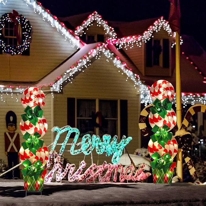 Skylety 2 Sets Christmas Peppermint Cane Candy Outdoor Decorations with 44 Inch Lawn Yard Stake with LED String Lights for Green Christmas Front Door Home Farmhouse Garden Outside Party(2 Sets)