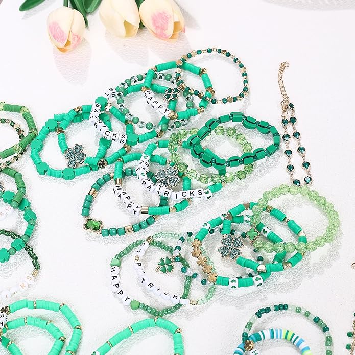 Cooluckday 36 Pcs Holiday Heishi Surfer Bracelets for Women Bulk Easter Mother's Day Christmas St. Patrick's Day Mardi Gras Bracelet Stackable Stretch Friendship Bracelets Set