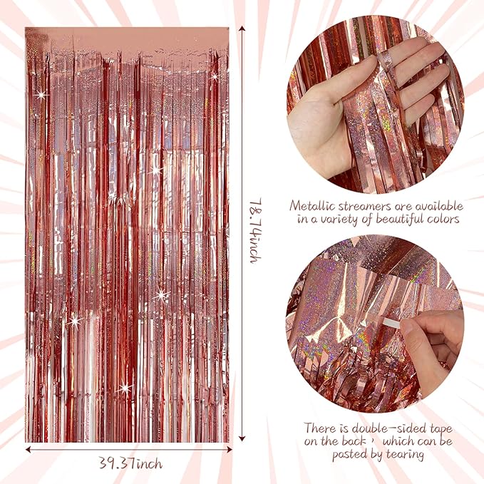 Tinsel Curtain Party Backdrop Rose Gold Birthday Party Decorations 2 Packs Glitter Foil Fringe Curtain Party Decor Streamers Photo Booth for Birthday Christmas Wedding Halloween Graduation Decorations