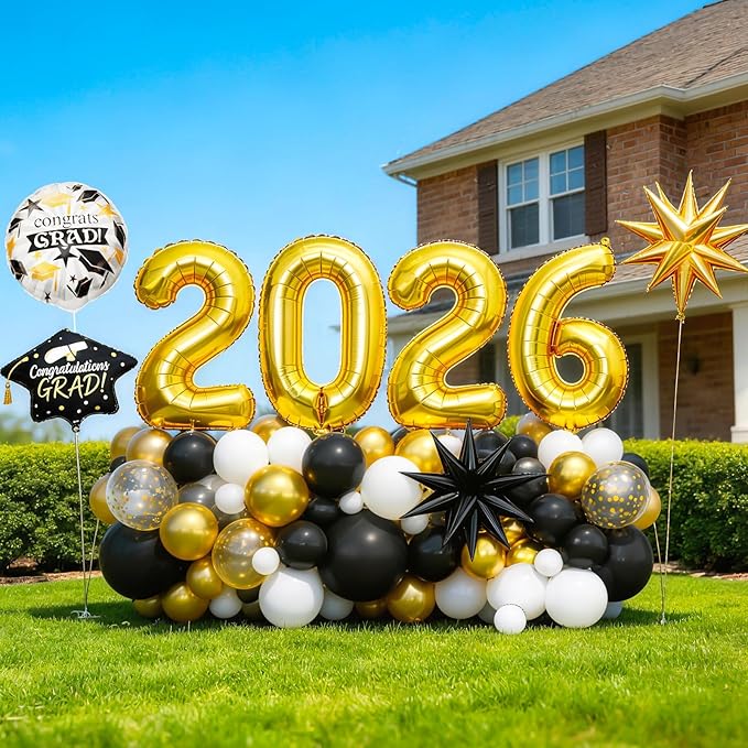Graduation Balloons Garland Arch Kit, Graduation Balloons Class of 2026, Black and Gold White Latex Balloon with Foil Balloon for Class of 2026 Party Decor