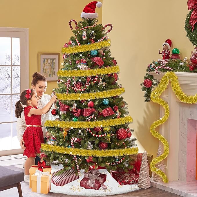 50 Feet Christmas Tinsel Garland, Metallic Twist Garland Wall Hanging Tinsel Garland Backdrop for Parade Floats, Carnival, Birthday, Wedding, New Year Party Decorations (Gold, 2in x 50ft)