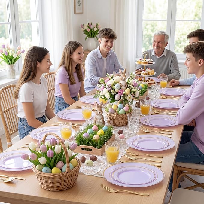 350PCS Purple Plates Disposable - Purple Plastic Plates 50Guests Lavender Disposable Dinnerware Sets with Rolled Napkins for Wedding/Birthday/Baby Shower/Easter