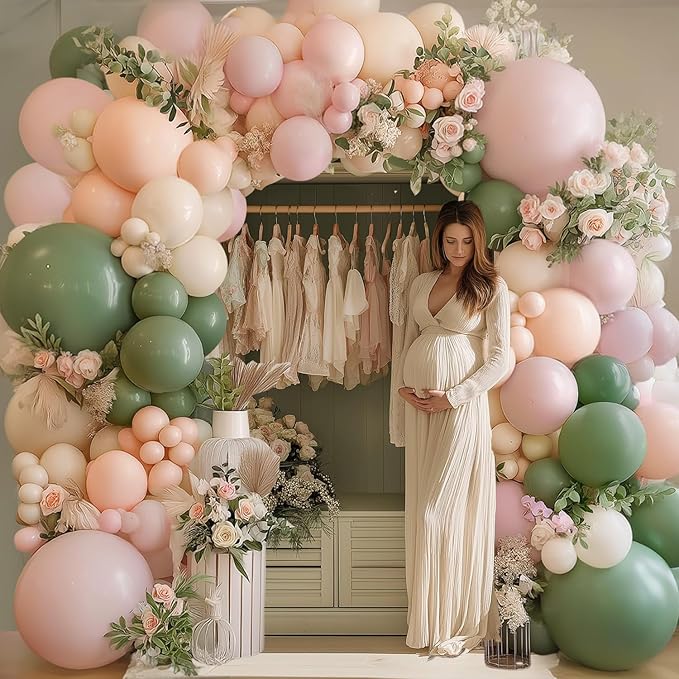 Pink and Green Neutral Balloon Arch Kit, Pink White Green Balloon Garland with Mixed Size Sage Green Pastel Pink Sand White Light Orange Balloons for Wedding Birthday Party Bridal Shower Decorations