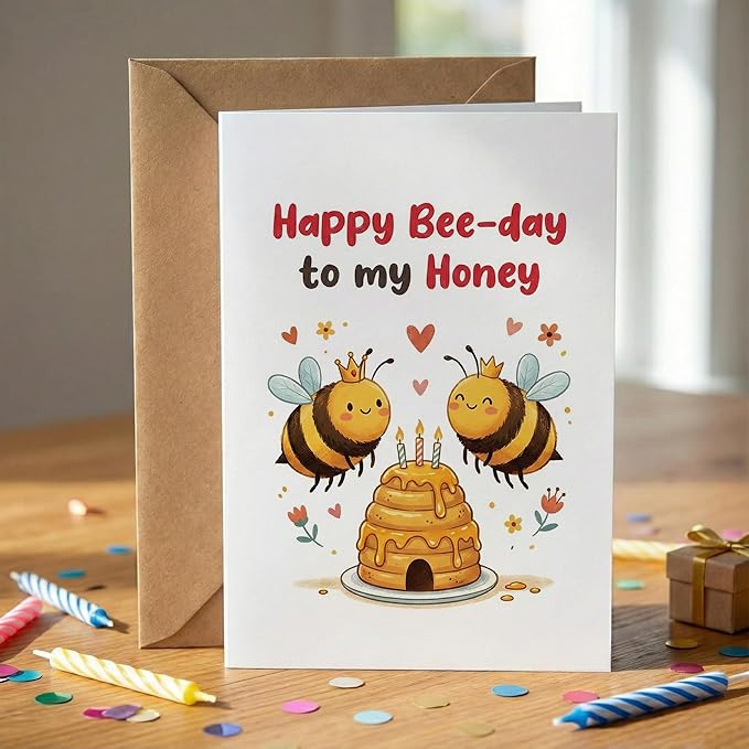 KINGNAME Cute Bee Pun Birthday Card for Wife Husband Girlfriend Boyfriend, Happy Bee-Day to My Honey, Sweet Anniversary Love Greeting Card for Partner