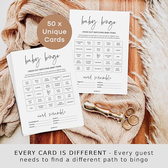 Baby Shower Bingo Game (50 Unique Cards), Pre-Filled, Baby Shower Games, Added Word Scramble - Minimalist