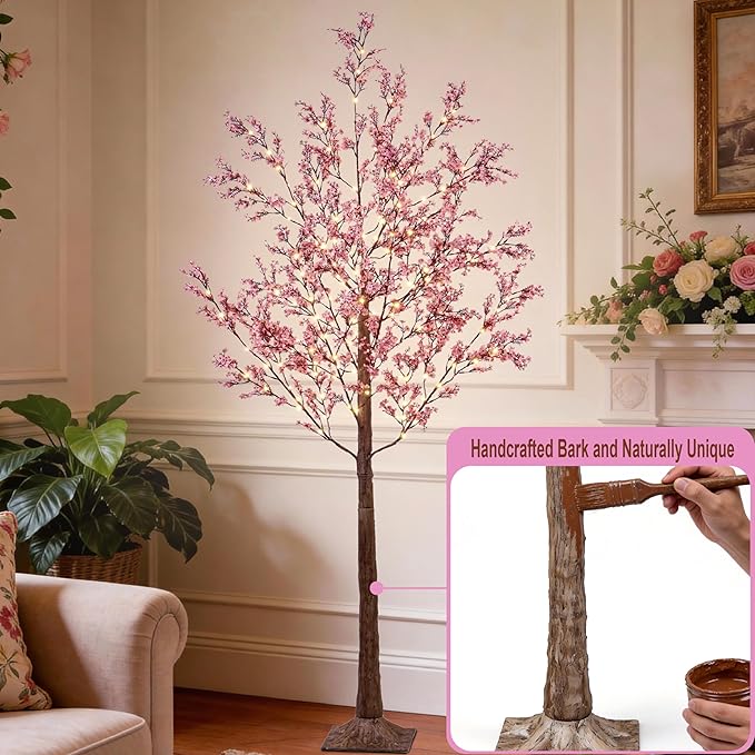 LIGHTSHARE 6FT Lighted Cherry Blossom Tree with 171 LED Warm White Lights, Artificial Sakura Tree with Dimmable Timer Transformer, Indoor Outdoor Decorative Tree with Ground Stakes