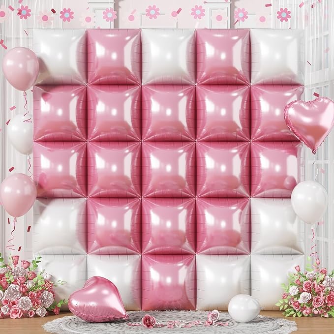Pink White Square Foil Balloons, 25PCS Double Sided Pastel Pink and Pearl White Square Balloons Backdrop Wall Party Decorations for Girls Women Princess Fairy Birthdays Wedding Baby Shower Valentines