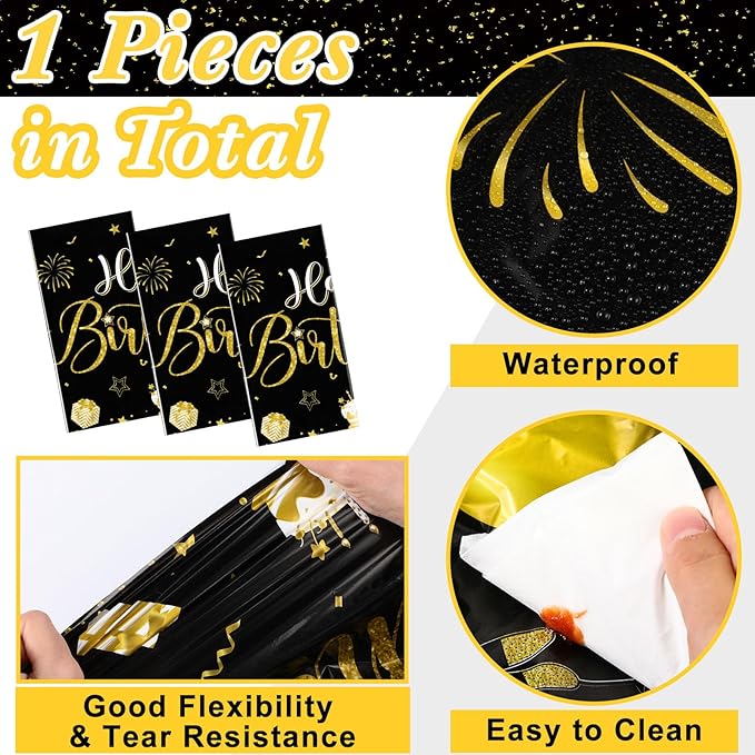 Tudomro 3 Pcs Happy Birthday Tablecloths Happy Birthday Party Decorations Plastic Table Cover Rectangular Cloths for Women Men Baby Shower Party Supplies, 108 x 54 Inch (Black Gold)