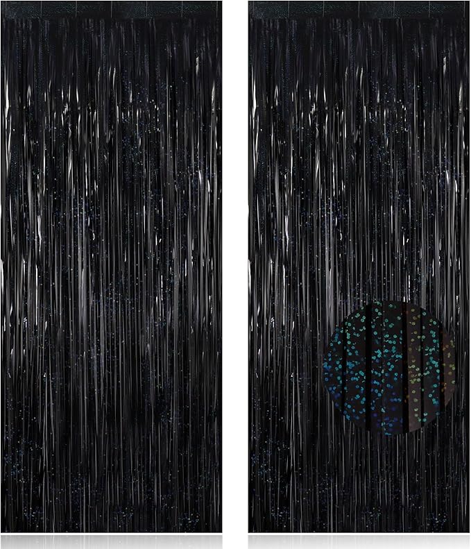 2 Pack Fringe Curtains Backdrops, Foil Fringe Curtains, Door Streamers for Birthday Wedding Bridal Shower Holiday Graduation Party Decorations, Photo Booth Backdrops, Glitter Black