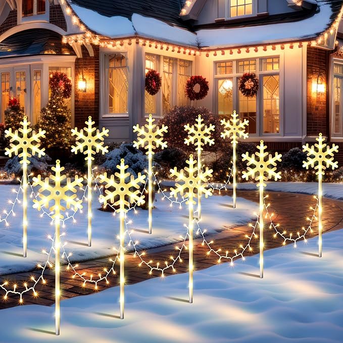 10 Pcs Christmas Snowflake Pathway Stake Lights for Outdoor Yard, 370 Bright LEDs Waterproof Large Christmas Snowflake Light Decoration for Garden Lawn Driveway Walkway Decor (Warm White)