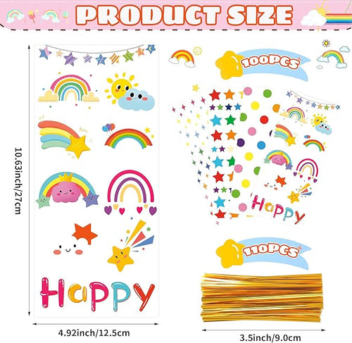 100Pcs Clear Cellophane Treat Bags - 2.8 Mil Thick Plastic Goodie Bags with 110 Twist Ties for Candy, Cookies, Gift Wrapping, Rainbow & Star Clear Gift Bags for Party Favors Classroom Return Gifts