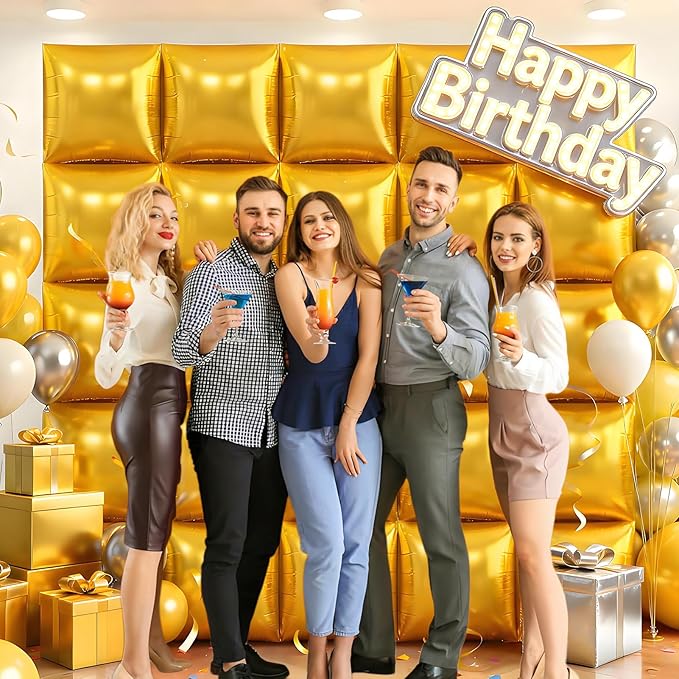 36Pcs Gold Square Foil Balloons Wall Backdrop, Double Sided Metallic Foil Balloons Tunnel Arch Garland Kit for Photo Booth Birthday Wedding Halloween Christmas Party Decorations
