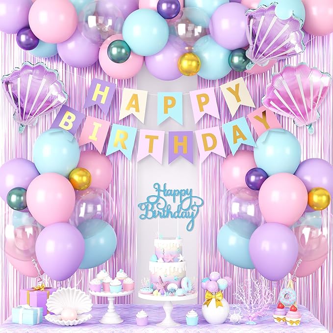 Mermaid Birthday Decorations for Girls, Pink Purple Blue Balloons with 'HAPPY BIRTHDAY' Banner Cake Topper Shells Foil Balloon Pink Fringe Curtain for Girls Women Mermaid Party Decorations