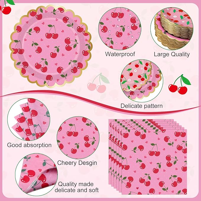 Ceenna 452 Pcs Cherry Birthday Party Supplies for 50 Guest, Summer Fruit Paper Plates Napkins Cups Tablecloth Cutlery Straw Disposable Tableware for Picnic Birthday Baby Bridal Shower Party Decoration