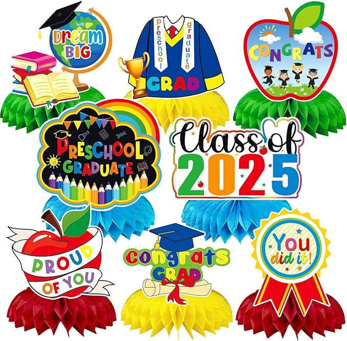 JULMELON 8PCS Preschool Graduation Party Decorations 2026 Honeycomb Centerpiece, 3D Kindergarten Graduations Centerpieces for Tables Congrats Grad Table Toppers for Prek Graduation Party Supplies