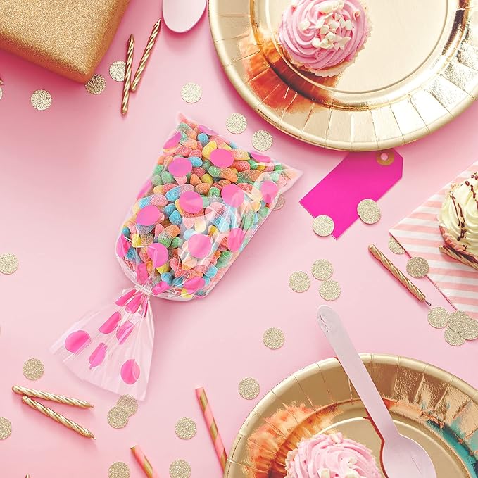 Aodaer 100 Pieces 10.6 x 5.1 In Pink Cellophane Bags Plastic Candy Bags Cellophane Treat Bag Polka Dot Stripes Printed Pattern Goodie Gift Bag with Twist Ties for Birthday, Baby Showers, Weddings Party Supplies