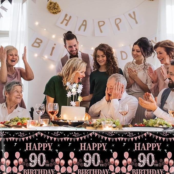 3PCS 90th Birthday Tablecloth 90 Year Old Black and Rose Gold Birthday Decorations Cheers to 90 Years Table Cloth Disposable Plastic Rectangular Table Cloth for Women