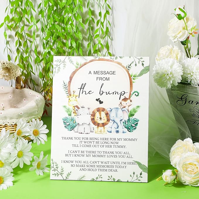 Roowest Cool Baby Shower Tabletop Decoration a Message from the Bump Wooden Baby Shower Games Sign Greenery Cute Gender Reveal Party Thank You Sign, 11.2 x 8.66 Inches(Animals)