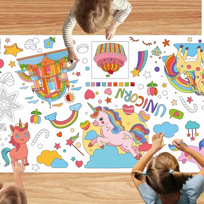 Unicorns Birthday Party Giant Coloring Poster, 30x72 Inches Versatile Unicorn Activity Paper Coloring Tablecloth, DIY Unicorn Poster Table Cover, Crafts for Kids Home Classroom Party Decorations