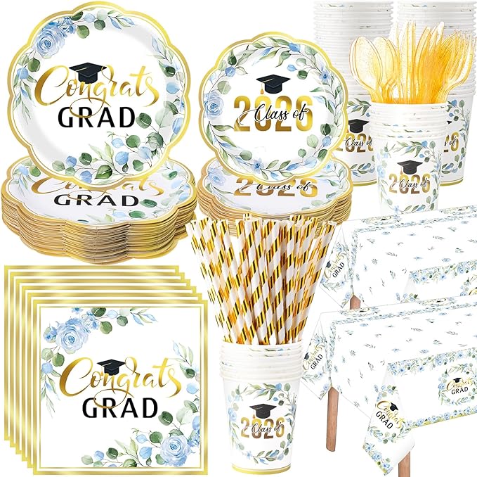 452 Pcs Class of 2026 Blue Graduation Party Decoration for 50, Blue Floral Leaf Congrats Grad Paper Plates Napkins Cup Tablecloth Cutlery Straw for College High School Grad Party Supply