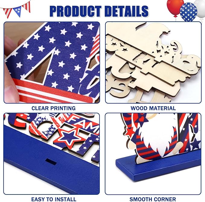 Hommtina 4 Pcs 4th of July Decorations Patriotic Decorations 4th of July Gnomes Memorial Day Decorations Red White and Blue Decorations for House School Classroom