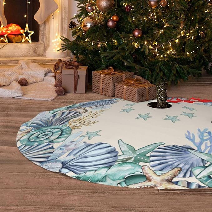 Shell Coastal Wreath Beach Starfish Theme Seahorse Christmas Tree Skirt Xmas Tree Mat Halloween Christmas Tree Ornaments Decorations Holiday Party Indoor Outdoor 36"