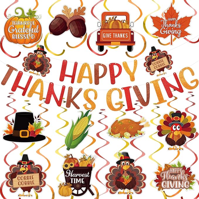 Happy Thanksgiving Banner Hanging Swirls Decorations Thanksgiving Fall Party Banner Turkey Pumpkin Maple Leaf Hanging Decorations for Home Office Indoor Classroom Party