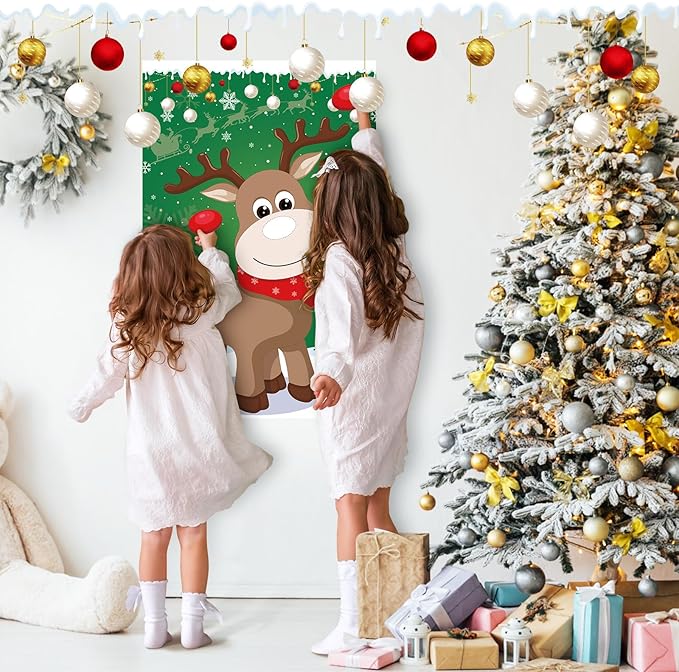 Pin The Nose on The Reindeer with 54PCS Red Nose for Kids Family Pin The Nose on The Reindeer Games, Large Christmas Reindeer Poster Games for Kids Christmas Party Games
