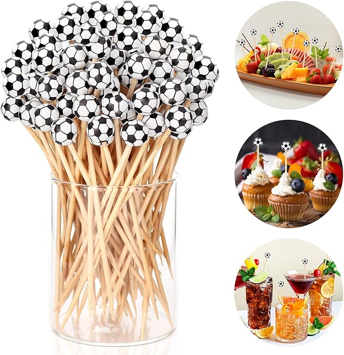 100 Pcs Soccer Toothpicks, 4.72 Inch Soccer Cocktail Picks for Appetizers, Long Bamboo Toothpicks, Decorative Toothpicks Skewers for Holiday Birthday Party Decorations (Soccer 3D)