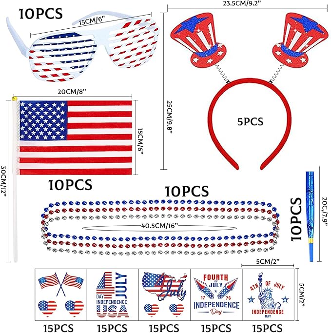 MOVINPE 120 Pcs Patriotic Party Favors, 4th of July Accessories Headbands, Shutter Shades Glasses, Beaded Necklaces, Hand Held USA Flags, Musical Blow Outs, Temporary Tattoos Parades Giveaways