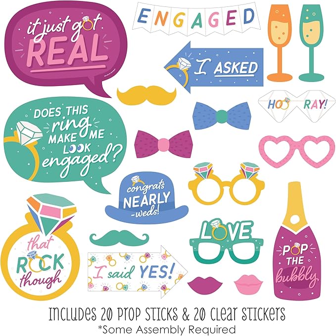 Big Dot of Happiness Engagement Photo Booth Props Kit - 20-Piece Props Set, Premium Party Photography Accessories, Celebration Decorations, DIY Assembly with Sticks and Adhesives - Colorful