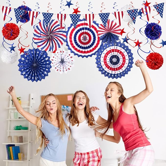 4th of July Patriotic Party Decorations 27 PCS Set, 6 Paper Fan, 6 Flower Ball, 1 USA Flag Pennant, 2 Star Streamer, 12 Swirl Streamer, Independence Day, Memorial Day, Veterans Day Decor Supplies