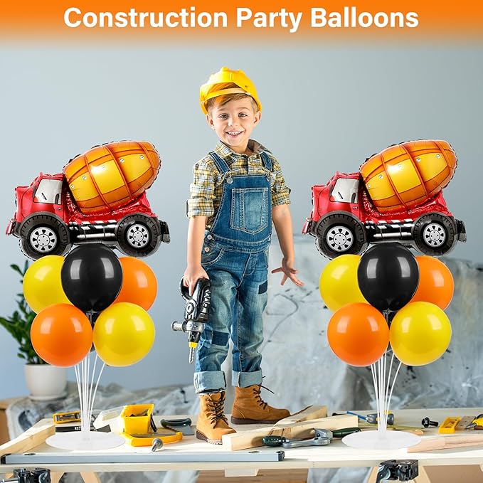 Construction Party Balloons Stand Kit 2 Sets with 2 Construction Truck Foil Balloons Black Orange Yellow Party Balloon Centerpiece for Tables for Boy Girl Excavator Birthday Baby Shower Parties Decor