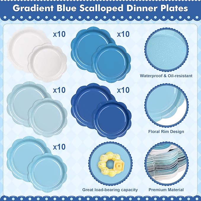 350 Pcs Blue Party Supplies Set - Blue Paper Plates and Napkins Set Include Gradient Blue Scalloped Paper Plate Napkin Cup Spoon Fork Knife for Birthday, Baby Shower, Wedding Forest Events
