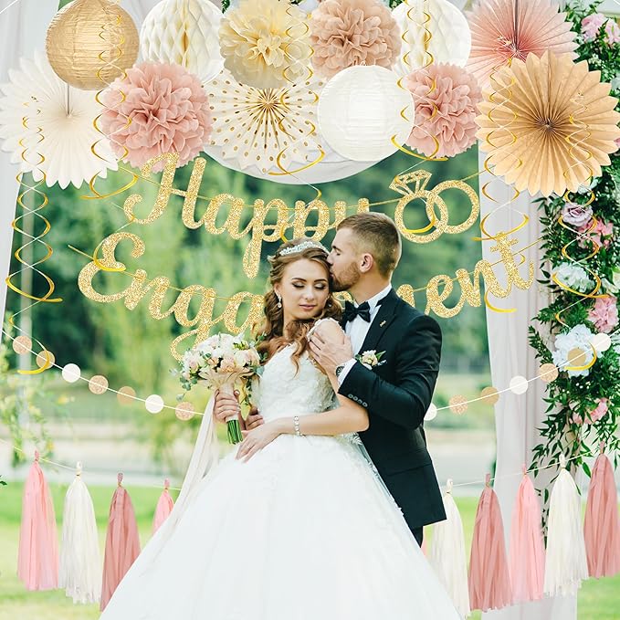Roetyce Engagement Party Decorations, Champagne Pink Glitter Happy Engagement Banner, Almost Married/Just Engaged Photo Background, Gold Congratulations Wedding Bachelorette Backdrop Decor