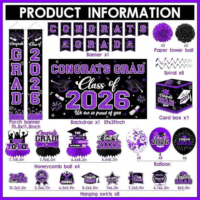 Graduation Decorations Class of 2026,Purple Graduation Decorations 2026- Congrats Grad Decorations Banner ＆ Hanging Swirls,Graduation Card Box,Paper Pompoms,Balloons,Porch Sign for College Grad Party