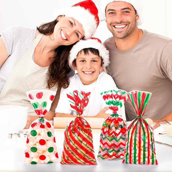 Aneco 100 Pack Christmas Cellophane Bags Classic 10.6 x 5.1 Inch Red Green Plastic Candy Bags Gift Goodie Bag with Twist Ties for Christmas Birthday Gift Cookie Snack Packing Party Favor Supplies